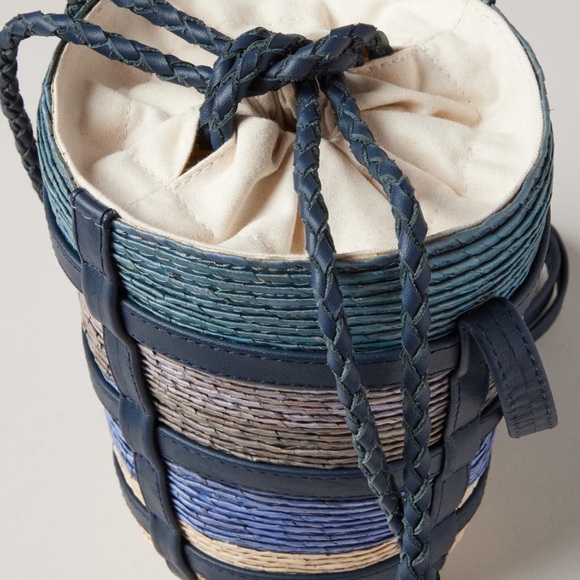 ALTUZARRA Watermill Bucket Bag blue green beige rafia with leather strap - Picture 3 of 3